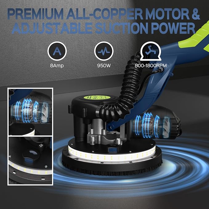 Drywall Sander, 2025 Upgraded 8-Amp Popcorn Ceiling Removal Tool with 7 Variable Speed 800-1800RPM, Drywall Sander with Vacuum Dust Collector with Extendable Handle, LED Light,12pcs Sanding Discs,Blue