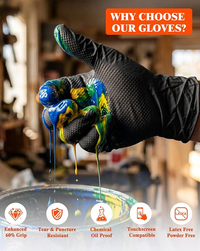 wcy 9 Mil Heavy Duty Black Nitrile Gloves,Raised Diamond Texture Grip,Industrial Mechanic Rubber Gloves Disposable Latex Free Chemical Resistant Guantes for Work,Cooking,Food Safe - Large,80Count