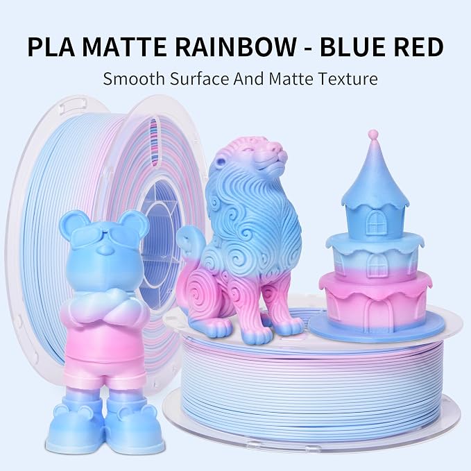 RAMBERY 3D Printer PLA Filament Matte Rainbow PLA Filament for Most FDM 3D Printer, 1.75mm 1kg(2.2lb), Matte Rainbow Blue-Red