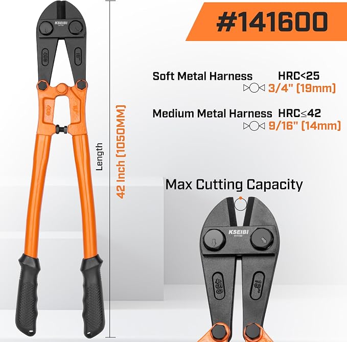 KSEIBI 141600 Heavy-Duty Large Size Bolt Cutter 42" for Cutting Fence, Steel Wire, Chain, Screws, Rivet, and Padlock, Metal Rods with Soft Grip Rubber Ergonomic Handle Cutters 1050mm