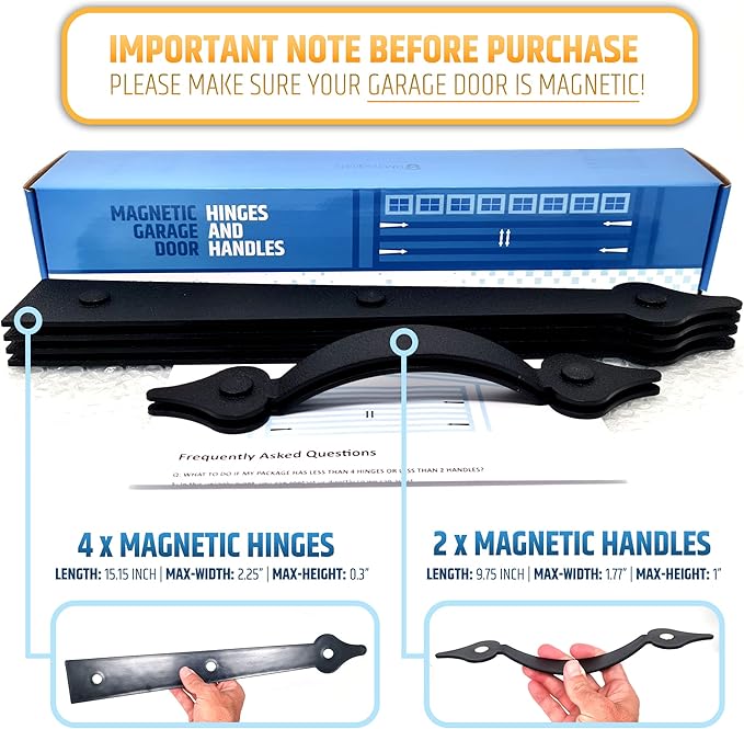 Premium Quality & Strong Magnetic Garage Door Decorative Hardware - Set of 2 Handles + 4 Hinges - Faux Garage Door Accents Kit for Curb Appeal | No Installation Needed | Will Never Fall Off