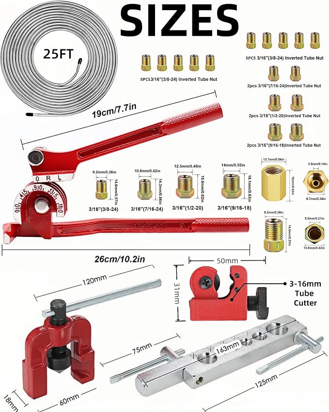 3/16 Inch 26Pcs Brake Line Bender Flaring Tool Include 25FT Zinc-Plated Copper Coated Brake Bending Lines and Single Flare Cutter Repair Kit 16 Rust-Resistant Fitting 4 Nut 2 Union, Sliver