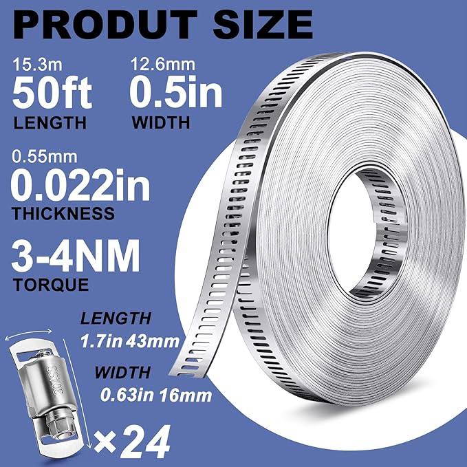 Hose Clamps- Stainless Steel Hose Clamp DIY 50FT Metal Strap + 24 Stronger Fasteners Large Adjustable Worm Gear Clamps for Fuel Line, Plumbing, Automotive, Mechanical, Pipe, Tube,Garden,Duct
