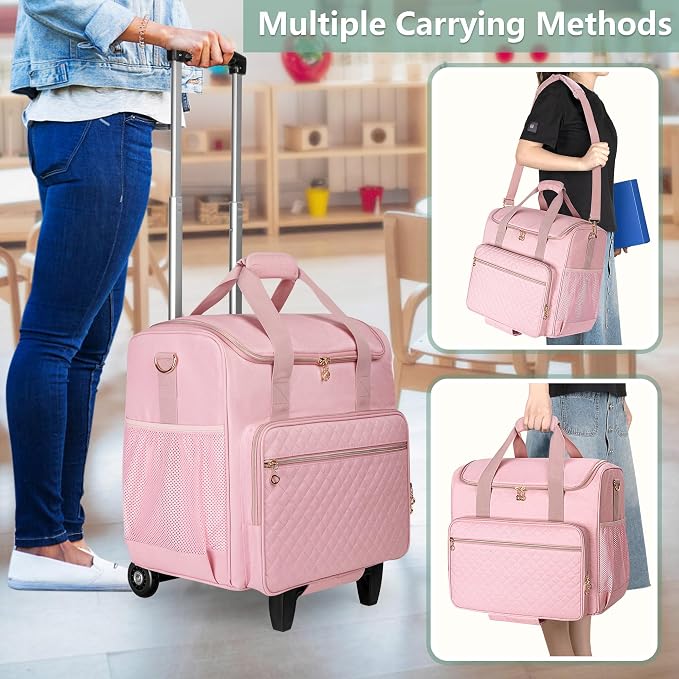 LUXJA Rolling Teacher Bag with Laptop Compartment and Detachable Dolly, Multifunctional Rolling Teacher Tote Bag (Patent Pending), Pink