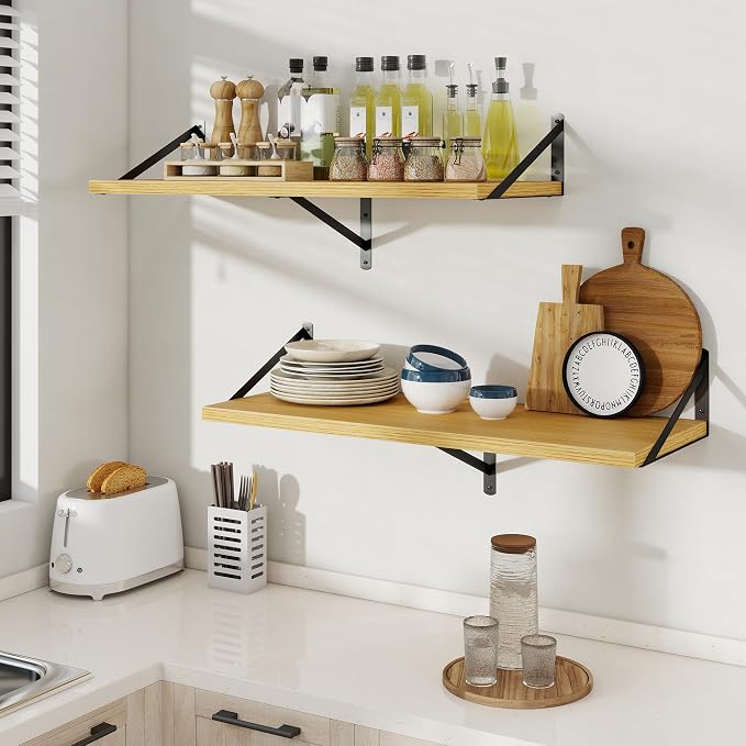 Floating Shelves 12 Inch Deep, 24W x 12D Wall Shelf Set of 2, 50 lbs Heavy Duty Reversible Metal Brackets, Deep Industrial Book Shelf for Living Room Kitchen Bath Bedroom Coffee Bar, Oak