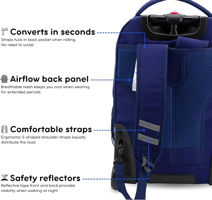 J World Sundance Laptop Rolling Backpack for Girls Boys. Roller Bookbag with Wheels, 20 Inch, Navy