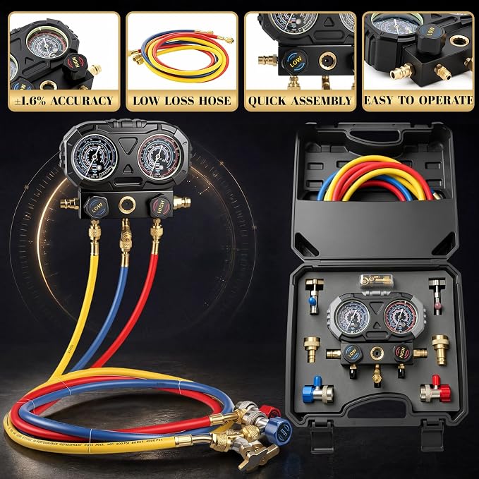 Tellegloww HVAC A2L Analog Manifold Gauge Set for R22 R32 410A 134A R454B Refrigerant with Hose Kit, 4 Refrigerant Angled Compact Ball Valve and 2 R410A Adapter 2 R454B Adapter