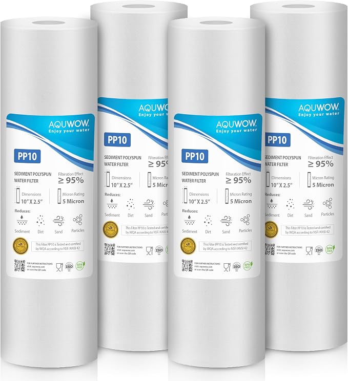 PP10 5 Micron 2.5" x 10" Filter Set – Sediment Replacement Cartridges for Whole House Water Filtration Systems, Universal Standard PP Filters (4, 10 x 2.5)
