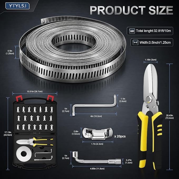 Hose Clamps Stainless Steel DIY Kit, 32.81FT Custom Metal Strap with 20 Stronger Fasteners, 8.5" Tin Snips, Worm Gear Clamp for Plumbing Auto Fuel Line