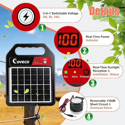 3in1 20Miles Solar Electric Fence Charger with Short Circuit & Open Circuit Alarms,Adjustable 8KV to 10KV(0.13J-0.33J), Real-Time Battery Level Light & 110 dB Removable Alarm,14 Days Protection