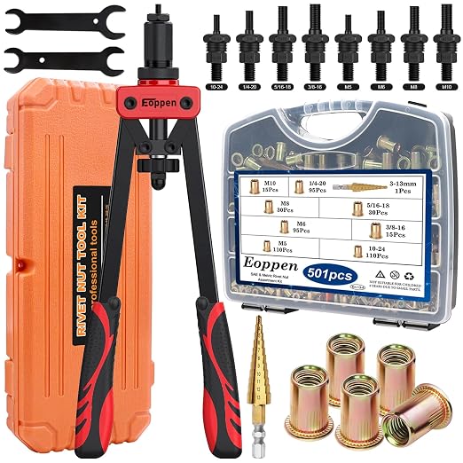 Rivet Nut Tool Kit, 14 Inch Rivnut Tool Kit with 8 Metric and SAE Mandrels (M5, M6, M8, M10, 1/4-20, 5/16-18, 3/8-16) and 500Pcs Rivet Nuts with a Step Drill Bit and Rugged Carrying Case