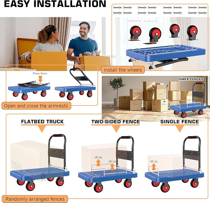 Platform Truck Cart with 3 Fence, 28"x19" Flatbed, 1100lbs Capacity Heavy-Duty Foldable Push Dolly Cart with Swivel Wheels, Foldable & Portable for Groceries, Garage,Home,Office Use, Blue