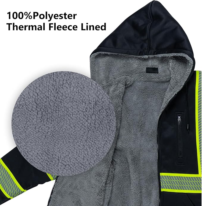 VENDACE Men's ANSI Class 3 High Vis Safety Reflective Sweatshirt Wool Fleece Zipper Jacket Hoodie with Black Bottom(Black,L)