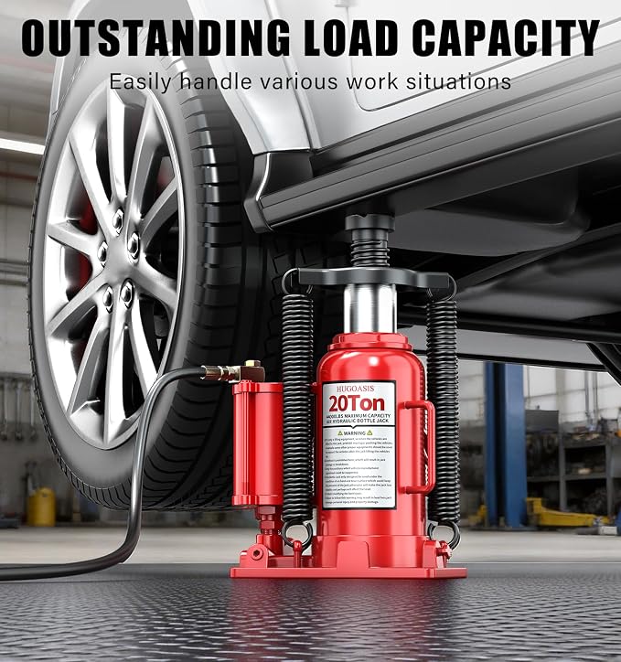 20 Ton Air Hydraulic Bottle Jack, 10-3/8" to 20-1/16" Lift Range, Manual and Air Pump Dual Operation, for Car, Auto Repair, Truck, Industrial Engineering
