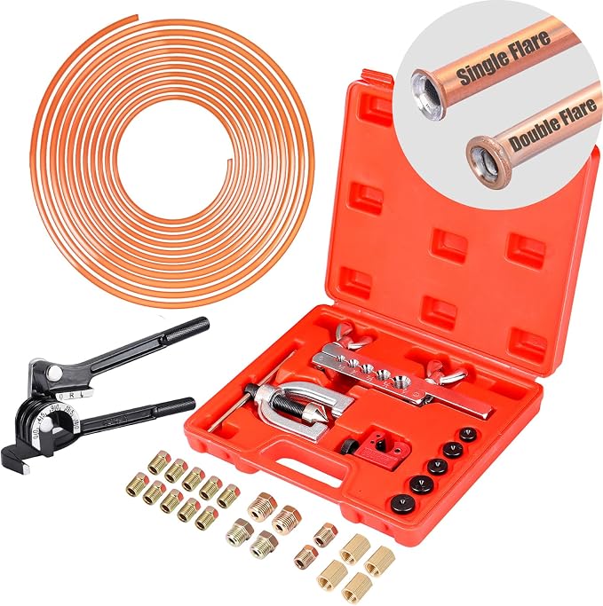 Complete 3/16" Brake Line Kit - 25 FT Copper Coated Brake Line (With 16 Brake Line Fittings and 4 Threads Unions) + Flaring Tool Kit (With Tube Cutter And 5 Adapters) + Tube Bender