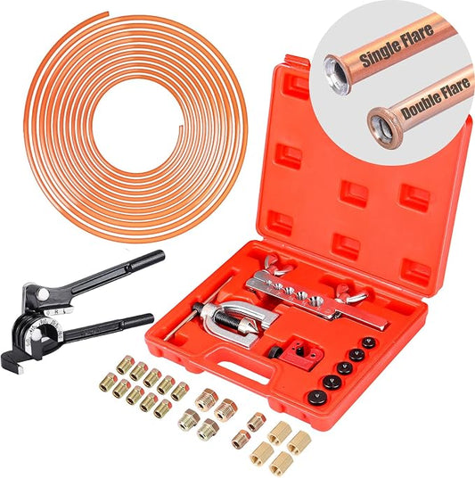 Complete 3/16" Brake Line Kit - 25 FT Copper Coated Brake Line (With 16 Brake Line Fittings and 4 Threads Unions) + Flaring Tool Kit (With Tube Cutter And 5 Adapters) + Tube Bender