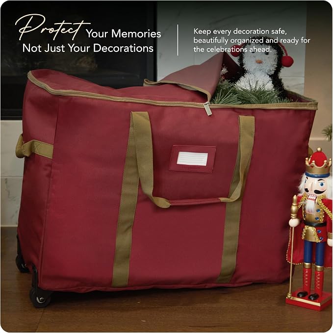 Covermates Keepsakes Rolling Treasurekeeper Storage Bag – Heavy-Duty Polyester with Dual Wheels & Handles – Protects Holiday Decorations with ID Window & Dual Zipper Access, Red