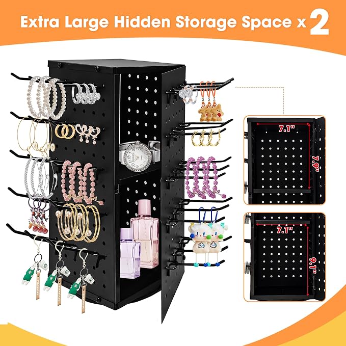 360° Rotating Pegboard Display Stand with 60 Hooks & Inner Storage Compartments - Metal Peg Board Keychain Jewelry Display Stand for Vendors, Retail, Craft Shows (Black)