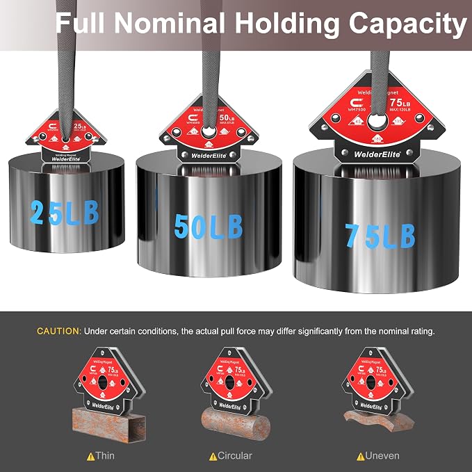 Welding Magnets 6-Pack: 2×25LB, 2×50LB, 2×75LB, Arrow Holder 45°/90°/135°, Galvanized Steel | Galvanized steel frame resists heat. Kit for light tack to heavy structural welding. Ideal for pro MIG/TIG/stick shop use