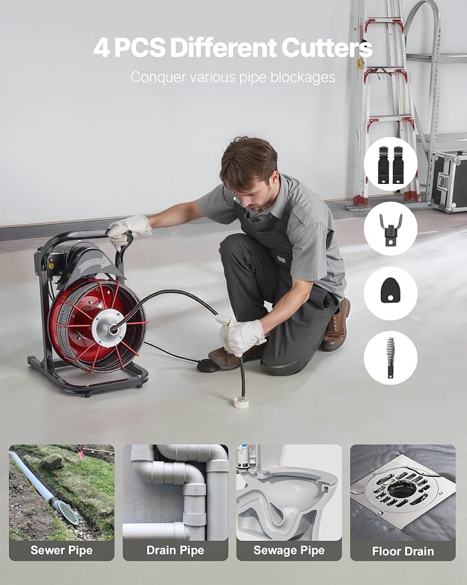 VEVOR 50FT x 1/2 Inch Drain Cleaning Machine, 250W Electric Drain Auger, Portable Sewer Snake Auger Cleaner with Cutters & Air-Activated Foot Switch for 1" to 4" Pipes, Black, Red