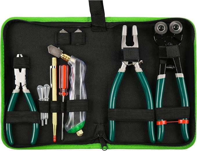 10Pcs Heavy Duty Glass Cutters Tools Kit, Wheeled Glass Tile Nippers Glass Running Breaking Pliers, Breaker Grozer Pliers with Curved Jaws, for Stained Glass, Mosaics, Fusing, Breaking