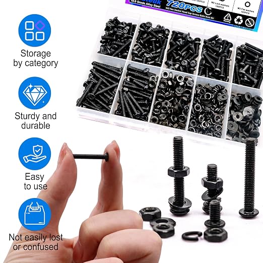 mxuteuk 720PCS M3 Screws Assortment Kit,6/8/10/12/16/20mm M3 Metric Screw,10.9 Grade Alloy Steel Metric Hex Button Head Cap Screws Nuts and Flat Washers for 3D Printing
