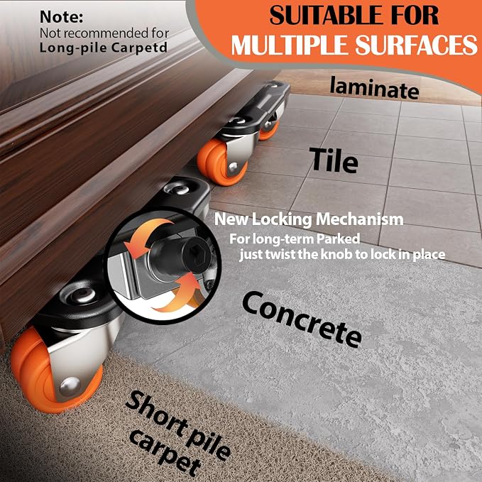 Furniture Movers with Parking Lock, 10-Wheel & 8-Wheel Dual-Wheel Caster Dollies, Heavy Duty Square Dolly Set with Furniture Lifter and Base, 360° Swivel Casters, Up to 4000 lbs Load Capacity