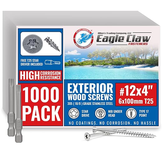 #12 x 4 Inch Stainless Steel Deck Screws | 305 Grade (1000 Pack) | Flat Head T25 Star Torx Drive | Stainless Steel Screws by Eagle Claw Fasteners | Corrosion & Rust Resistant (Includes 2 Driver Bits)
