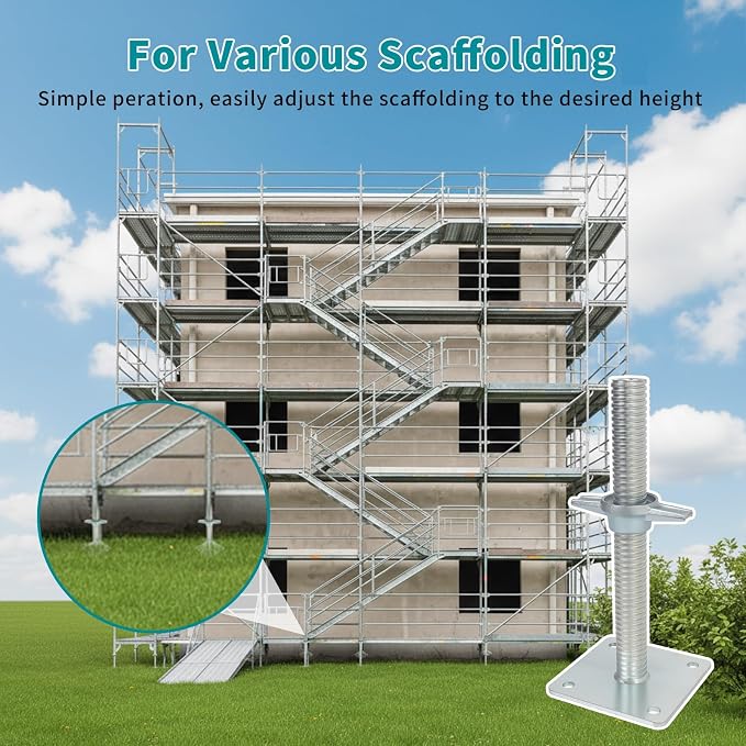 12" Adjustable Scaffolding Leaveling Jack, Galvanized Steel Hollow Screw Jack with Base Plate, 4 Pack