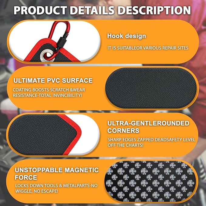 Flexible Magnetic Tool Mat,40 LBS Magnetic pad with Magnetic picker,Circular hanging hole&Carabiner Hook,Storage Organizer for Auto, Motorcycle,Electronic Assembly, DIY, Garage Workshop,12.6" x 9.76" | Strong adsorption, 40 pound load-bearing capacity,...