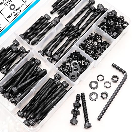 185PCS Black M5 Hex Socket Head Cap Screws, M5 x 30/35/40/45/50mm Metric Screws Bolts Nuts Washers Assortment Kit with Hex Wrench, 12.9 Grade Alloy Steel