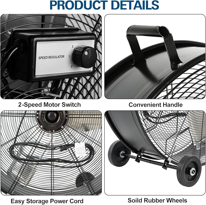 BILT HARD 36" High Velocity Drum Fan with 2 Speeds, 21800 CFM Heavy Duty Industrial Shop Fan, Large Commercial Floor Fan with Casters & Handle for Warehouse, Workshop and Garage, Black