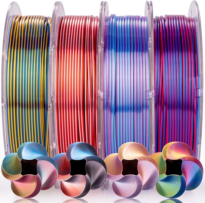 AMOLEN Silk PLA 3D Printer Filament Bundle, Shiny Silkverse 4 Colors in 1 Filament 1.75mm Pack Multi Color from 4 Angles, 4×200g