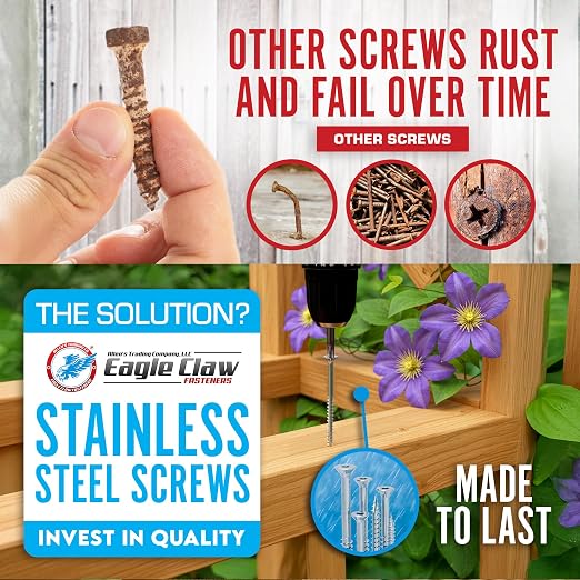 #8 x 1 5/8 Inch Stainless Steel Wood Screws | 304 Grade (350 Pack) | Flat Head T20 Star Torx Drive | Small Wood Screws by Eagle Claw Fasteners | Corrosion & Rust Resistant (Includes Driver Bit)