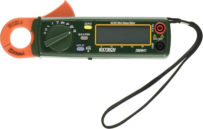 Extech 380941 200-Amp AC/DC High Resolution Mini Clamp Meter | 0.9in jaw, 10mA resolution, voltage, resistance, frequency, bargraph, auto zero, min/max, case