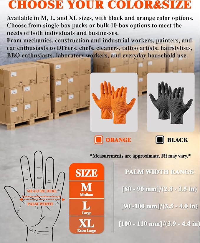 wcy 9mil Heavy Duty Disposable Nitrile Gloves, Black Large 800Pcs -Chemical Resistant, Latex & Powder Free Rubber Gloves Diamond Texture for Automotive, Mechanics, Cooking,BBQ, Industrial Use