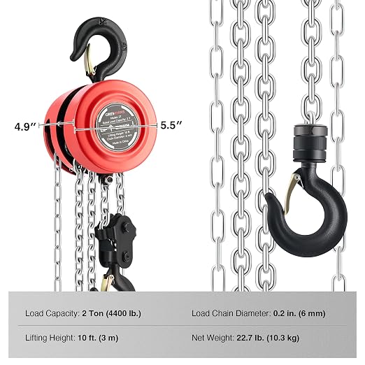 CREWORKS Hand Chain Hoist, 2 Ton 4400 lb Capacity 10 ft Manual Chain Hoist with G80 Load Chain & Galvanized Hand Chain, Heavy Duty Manual Lever Hoist for Construction Warehouse Automotive Factory
