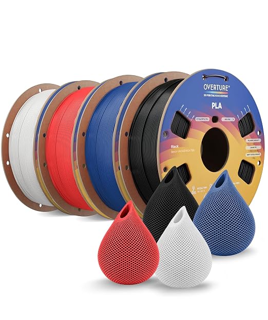 OVERTURE 4KG Bundle High Speed PLA Filament 1.75mm, Neatly Wound 3D Printer Filament 4 Pack 1kg Spool (2.2lbs) Rapid PLA, Fit Most FDM 3D Printers (Green+White+Yellow+Red)