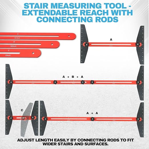 Professional Stair Tread Template Tool - Adjustable 8" to 46" Measuring Jig with Angle Markings, Aluminum Gauge for Accurate Installation, Flooring, Trim Molding & Home Improvement