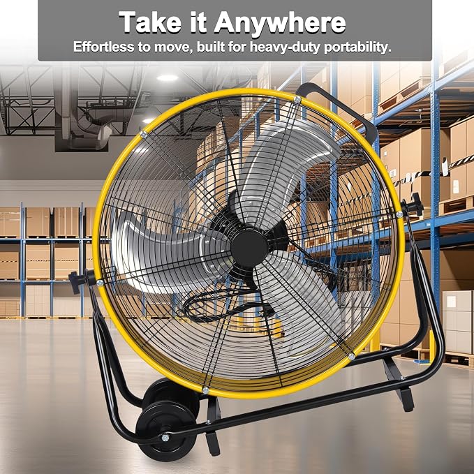 hykolity 24 inch 8100 CFM High Velocity Industrial Drum Fan, 3-Speed Heavy Duty Metal Shop Fan for Warehouse, Garage, Workshops, Factory, UL Listed, Yellow