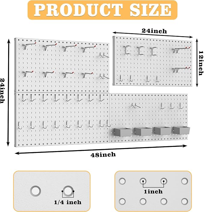 Pegboard Smith 48PCS Metal Pegboard Kit – 12"x24" Tool Storage Wall Organizer Pegboard with Hooks and Bins for Garage, Workshop, Kitchen, Office, and Craft Room (Gray)