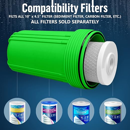 High Capacity 10 x 4.5” Whole House Filter Purifier System for Well or City Water, Presser Relief Button, 1” NPT Brass Port, Double O-Ring, Meets NSF Standards & Regulations (Green, 1 Set)