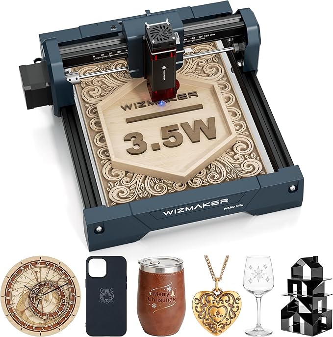 WIZMAKER 3.5W Laser Engraver, DIY Laser Engraver, Spot Size 0.04mm, Engraving Speed 12000 mm/min, Supports WiFi/Hotspot/USB, Suitable for Wood, Leather, Acrylic, and Glass Materials