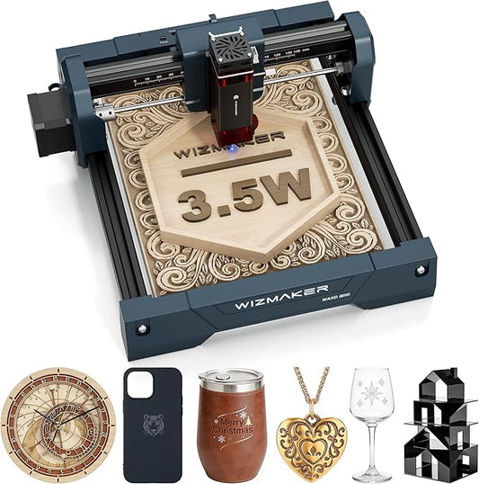 WIZMAKER 3.5W Laser Engraver, DIY Laser Engraver, Spot Size 0.04mm, Engraving Speed 12000 mm/min, Supports WiFi/Hotspot/USB, Suitable for Wood, Leather, Acrylic, and Glass Materials