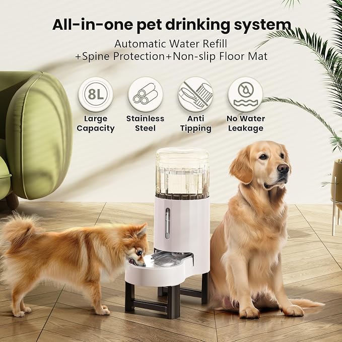 CZPET Elevated Dog Water Bowl Dispenser for Large Dogs,8L Tall Raised Pet Waterer Stand,Relieve Neck Pressure,Large Capacity and Drinking Area Noise-Free for Pets (8L+Stand,White)