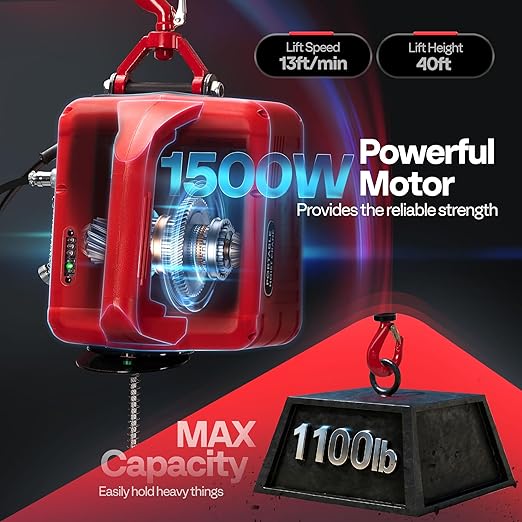 VIVOHOME 3-in-1 Electric Hoist Winch 1100lbs, 110V Portable Power Winch Crane with Wire and Wireless Remote Control, 40ft Lifting Height for Towing, Overload Protection for Garage, Factory, Warehouse