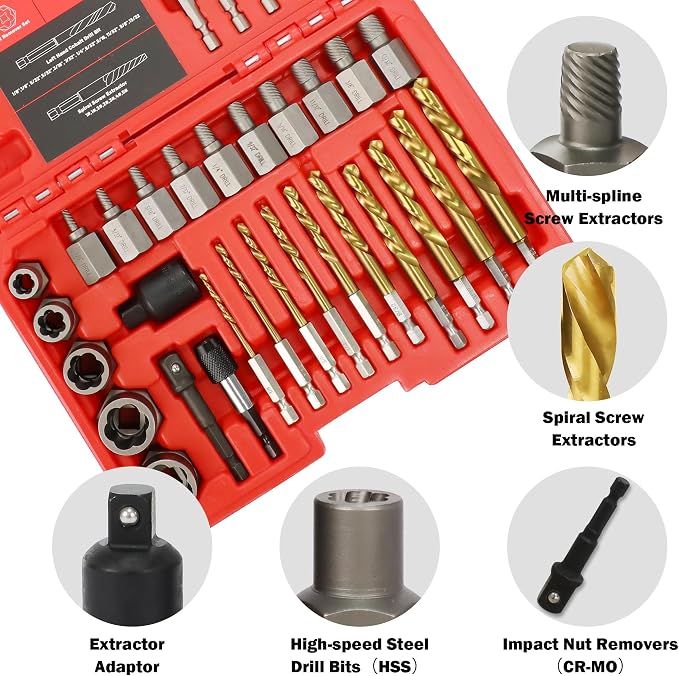 33Pcs Screw Bolt Extractor Set Hex Head Multi-Spline, Left Hand Drill Bit Set Easy Out Stripped Bolt Remover with Adapter, Bolt Extractor Kit for Removing Broken Rusted Nuts Screws Studs