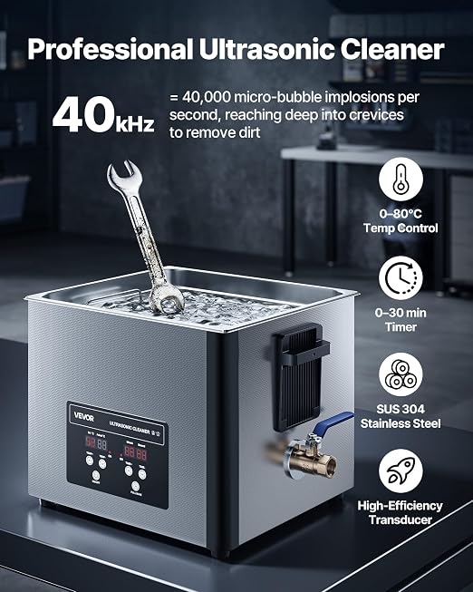 VEVOR 15L Ultrasonic Cleaner, Professional Ultrasonic Cleaner Machine with Cleaning Basket & Digital Display, 240W Stainless Steel 40kHz Industrial Cleaning Machine for Parts, Carburetors, Instruments