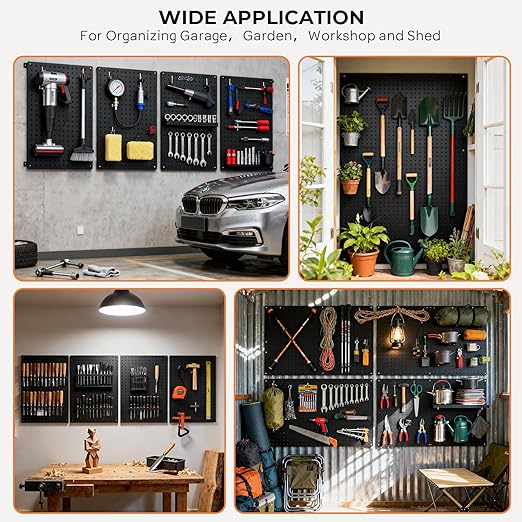 INCLY 4 Pack Peg Board, 12"x24" Upgrade Thicker Heavy Duty Metal Pegboard Panels, Black Pegboard Wall Organizer, Peg Board Panels for Walls Home, Garage Tools Storage, Shed, Craft Room, Kitchen