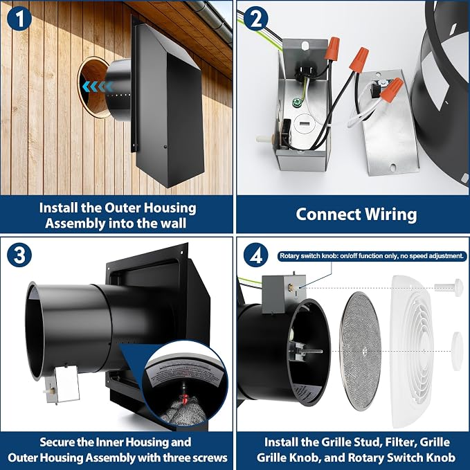 509S Through Wall Exhaust Fan, Kitchen Wall Exhaust Fan, Through Wall Vent Fan with On/Off Switch, 200 CFM High Airflow, White Cover, Aluminum Filter, 8.5 Sones, 8 Inch, Fits Walls 5” to 10” Thick